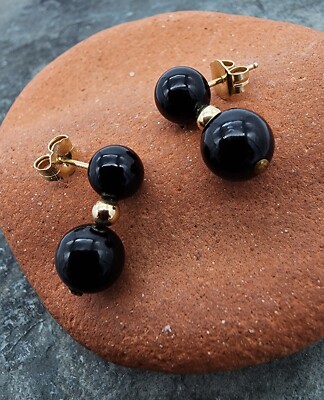 14K 0,585 Gelbgold Onyx abgestufte Kugel Ohrstecker 1/2'' Ohrringe Au 2528