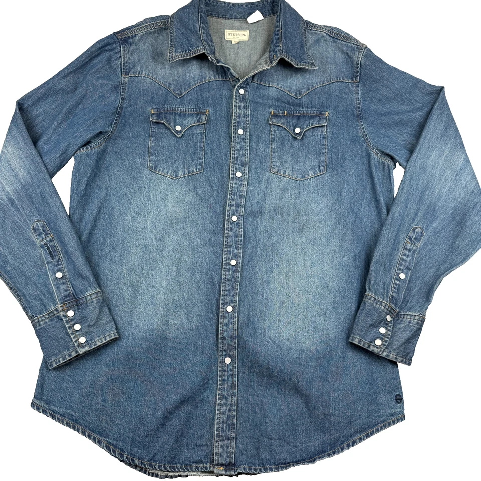 Camisa Stetson Western Nativa 2XL Denim Algodón Desvanecido Azteca Bordado Perla A Presión Foto 2 de 4