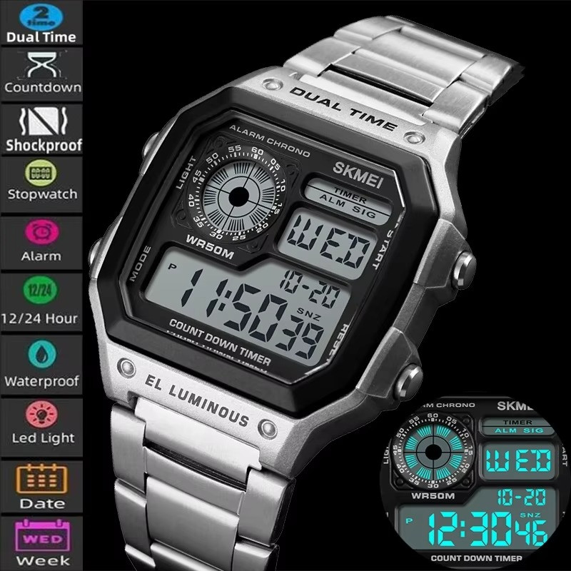 Men Digital LED Watch Date Waterproof Stainless Steel Military Sport Wrist Watch