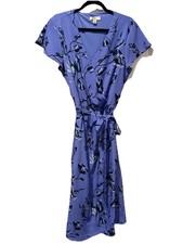H Halston Blue Wrap Dress Large Midi V-Neck Short Sleeve Stretch
