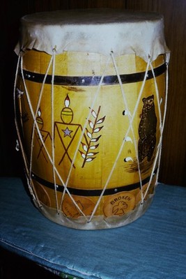 c1970's Kodachrome 35mm Slide, Broken Arrow Native Drum American bear blue
