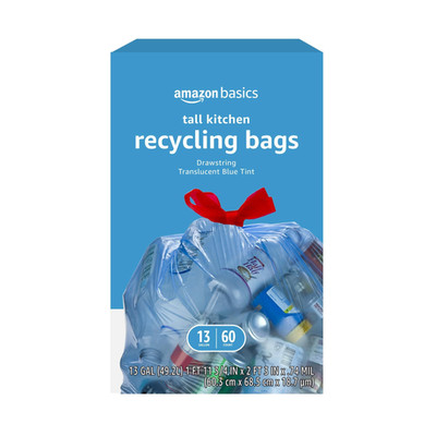 Amazon Basics Blue Recycling Drawstring Trash 60 Count (Pack of 1),