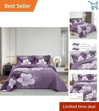King Floral Quilt Set Microfiber 3 Pieces Purple Bedding with Pillow Shams