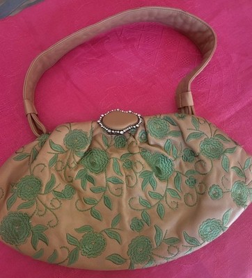 Vintage Donald J Pliner Couture  Embroidered Kiwi Green Floral Handbag Purse 