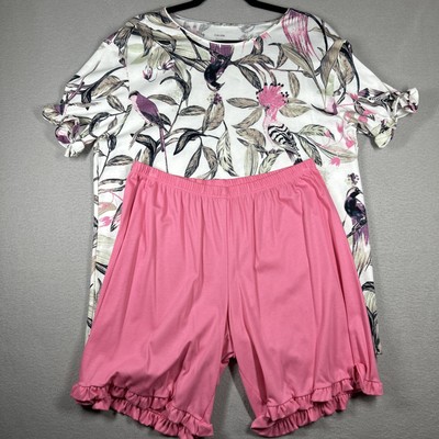 Calida 2 Piece Pajama Set Womens M Pink Short Sleeve Birds Patterned Ruffles