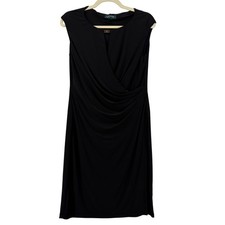 Lauren Ralph Lauren Size 12 Black Ruched Surplice Sheath Dress Gold Logo LBD