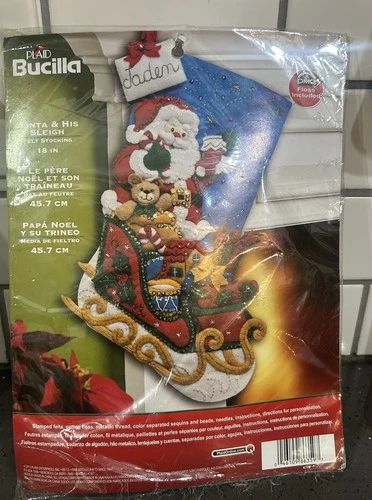 NEW Bucilla Plaid SANTA & HIS SLEIGH Felt Christmas Stocking Kit 86359 18"