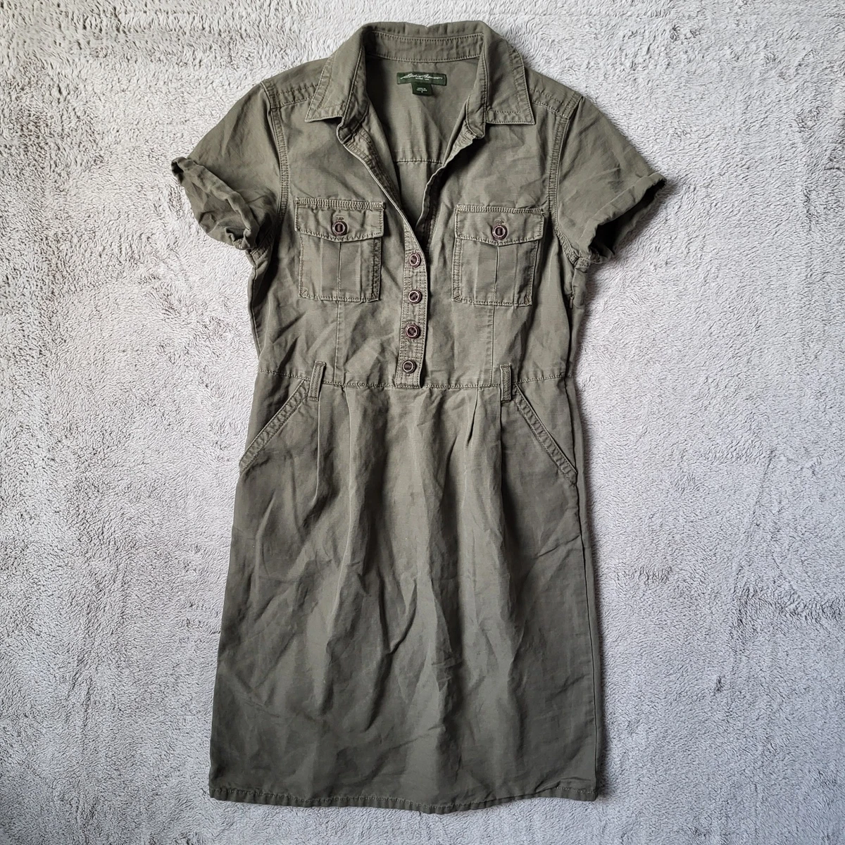 eddie bauer shirt dress Vintage 80s Eddie Bauer tan khaki utility shirt dress size medium