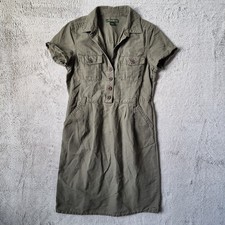 Eddie Bauer Linen  Midi Shirt Dress Womens 8 Olive Green Button Up Short Sleeve