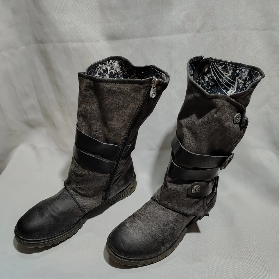 Blowfish Distressed Gray Mid Calf Boots Sz 8.5 Combat Zip Up Buckle Strap Shoes - Image 3 of 4