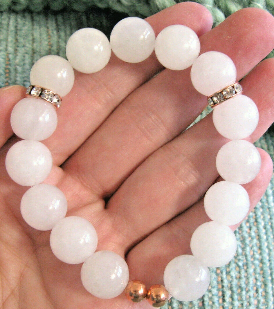 NEW NATURAL SNOW QUARTZ BRACELET W ROSE GOLD CRYSTAL BLING