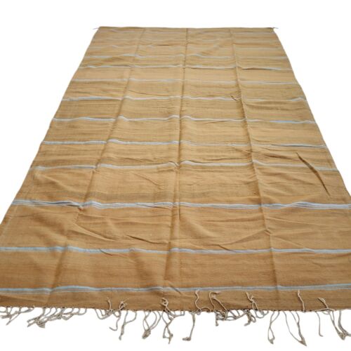 Vintage Handmade Moroccan Beige Rug Grey Stripe Fringe Berber Tribal Wool Carpet - Picture 5 of 24