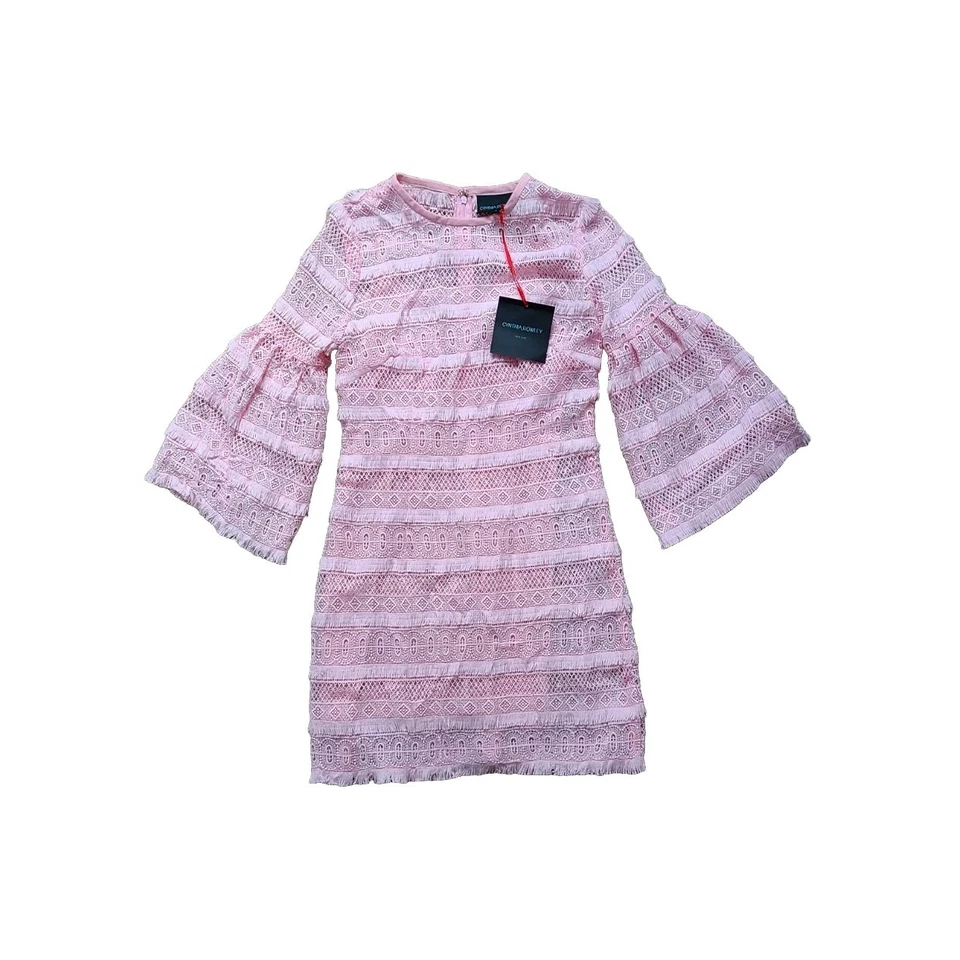 Vestido bordado novo com etiquetas Cynthia Rowley Flrl renda rosa franja mangas sino tamanho 2 - Imagem 3 de 4