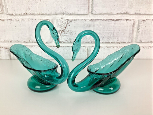 Vintage Viking Hand Blown Green Art Glass Swan Candy Dish Set