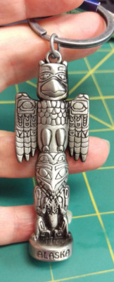 NEW Alaska Keychain - Metal pewter color Totem Pole is approx 4'' tall w/ ring