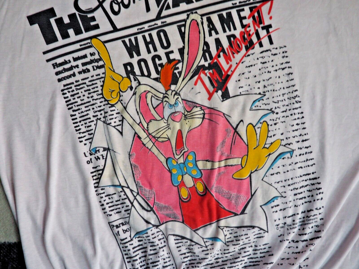 VTG 80s Disney Toon Tops Roger Rabbit Promo Newspaper AOP Art Pullover Shirt XL View 6