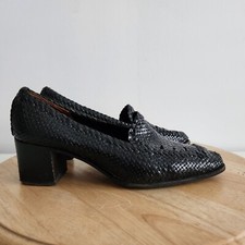 Vintage BALLY Shoes Women's 7.5 Black Leather Block Heel Pumps Woven Leather