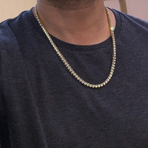 Men's Tennis Necklace One Row Iced Flooded Out CZ Gold Plated Hip Hop