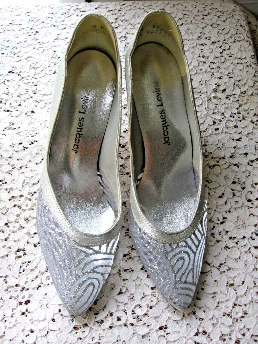 VINTAGE 1960 STYLE JACQUES LEVINE SPARKLY SILVER POINTY TOE HIGH HEEL SHOES  8M