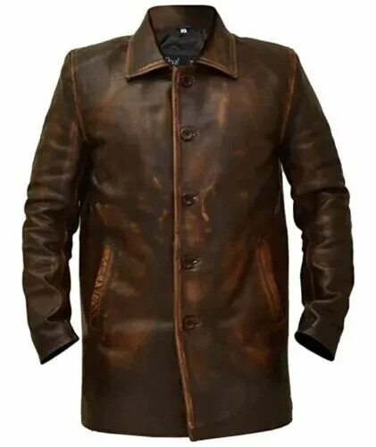 New Men's Western Distressed Sheriff Real Sheepskin Leather Jacket Long Coat image 2