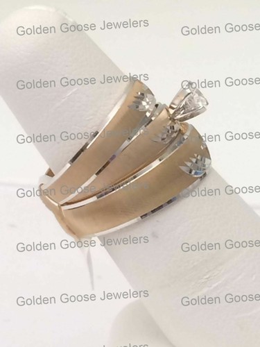 14k Yellow Gold His Her Men Woman Zirconia Wedding Ring Bands Trio Bridal Set - 第 3/10 張圖片