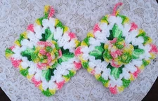New Handmade Crochet Set 2 Irish Rose Pot Holders Pink Yellow White Green Beads