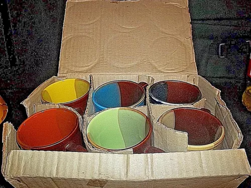 VINTAGE 5 Vertical Striped~Multi color Made in Japan Stoneware coffee cups mugs