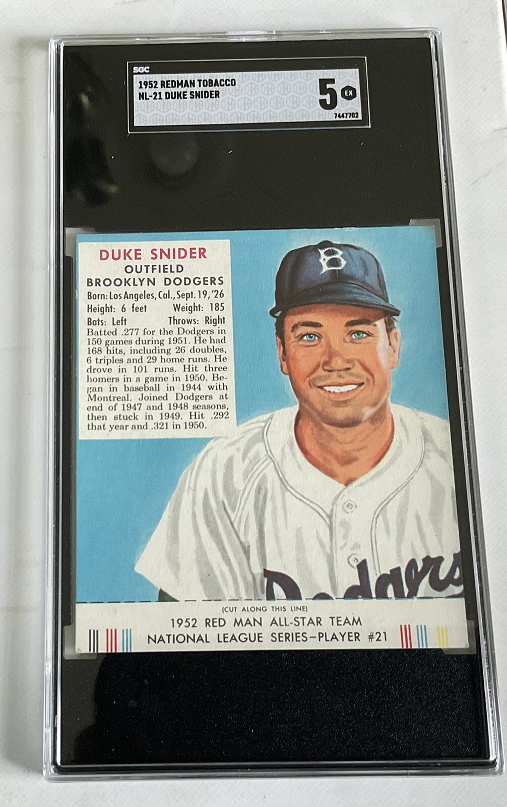 1952 RED MAN TOBACCO = NL #14  DUKE SNIDER   WITH TAB = SGC  5 = EX - Picture 5 of 8