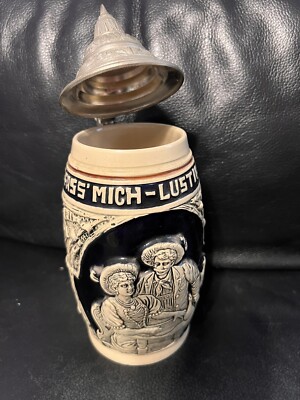 Vintage German BEER STEIN with Metal Lid Lustig Fass Mich-Lustig Lass' Mich.
