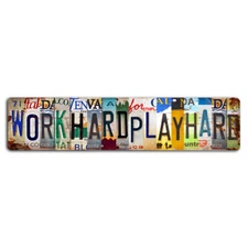 Work Hard Play Hard Cut Up Styled License Plate Sign - 18x4 Inch Metal Decor