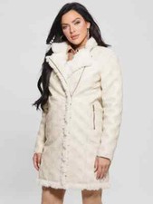 Guess Coat Womens Size Medium Hennie Logo Faux Leather Shearling Zip Cream Nwt