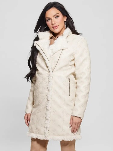 Guess Coat Womens Size Medium Hennie Logo Faux Leather Shearling Zip Cream NWT