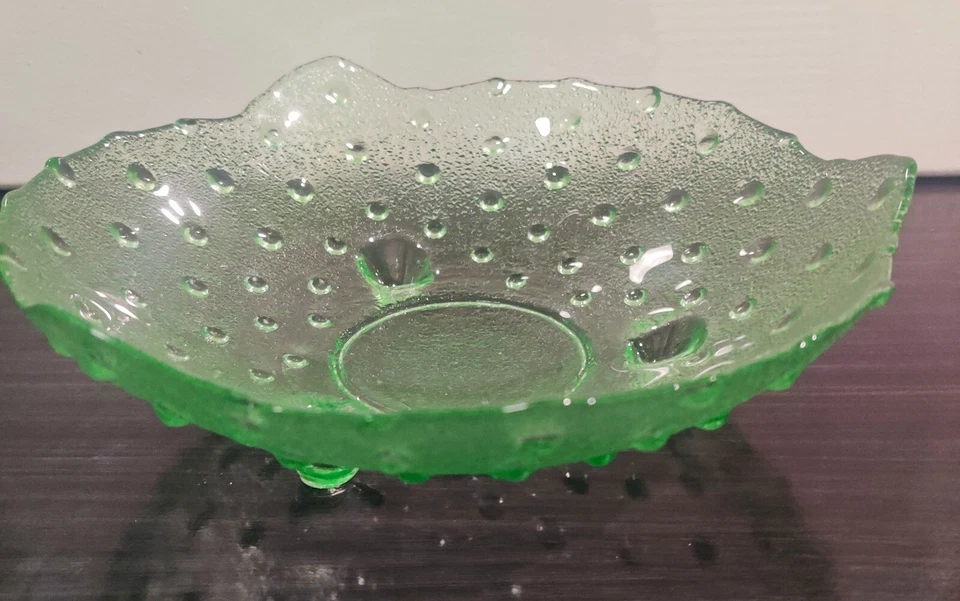 LOT 6 VTG Bowls MCM Green Glass Hobnail Footed Candy Dish Fruit Scallop Edge 9” - Image 3 of 4