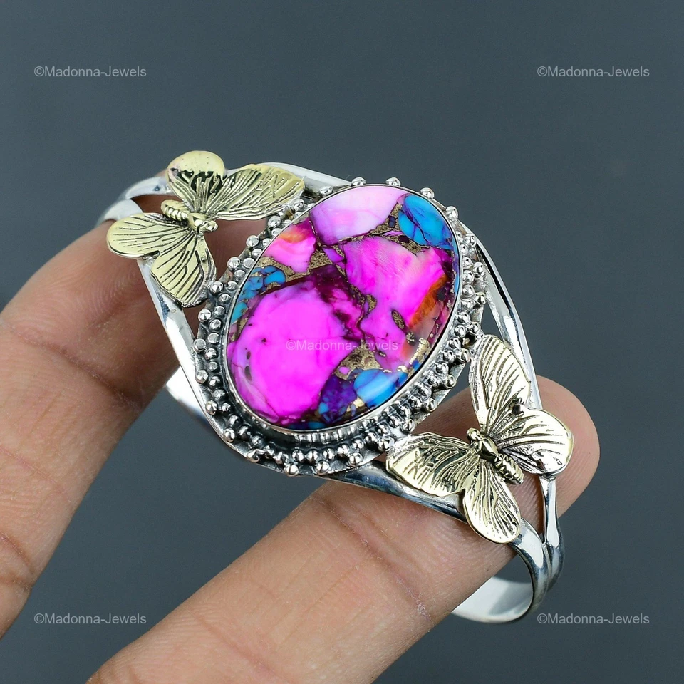 Brazalete de plata esterlina natural Kingman rosa dalia turquesa piedras preciosas joyería Foto 4 de 4