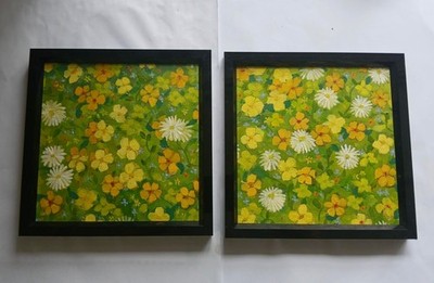 Original Ölgemälde x 2 Sommerblumen Floral Wandbild gerahmt 8 x 8 Diptychon