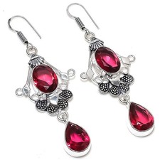 Pink Rubellite Gemstone Handmade 925 Sterling Silver Jewelry Earring Size 2.8"