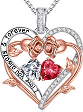 Rose Heart Double Birthstone Necklace Gifts for Wife Girlfriend Her Women, Birth