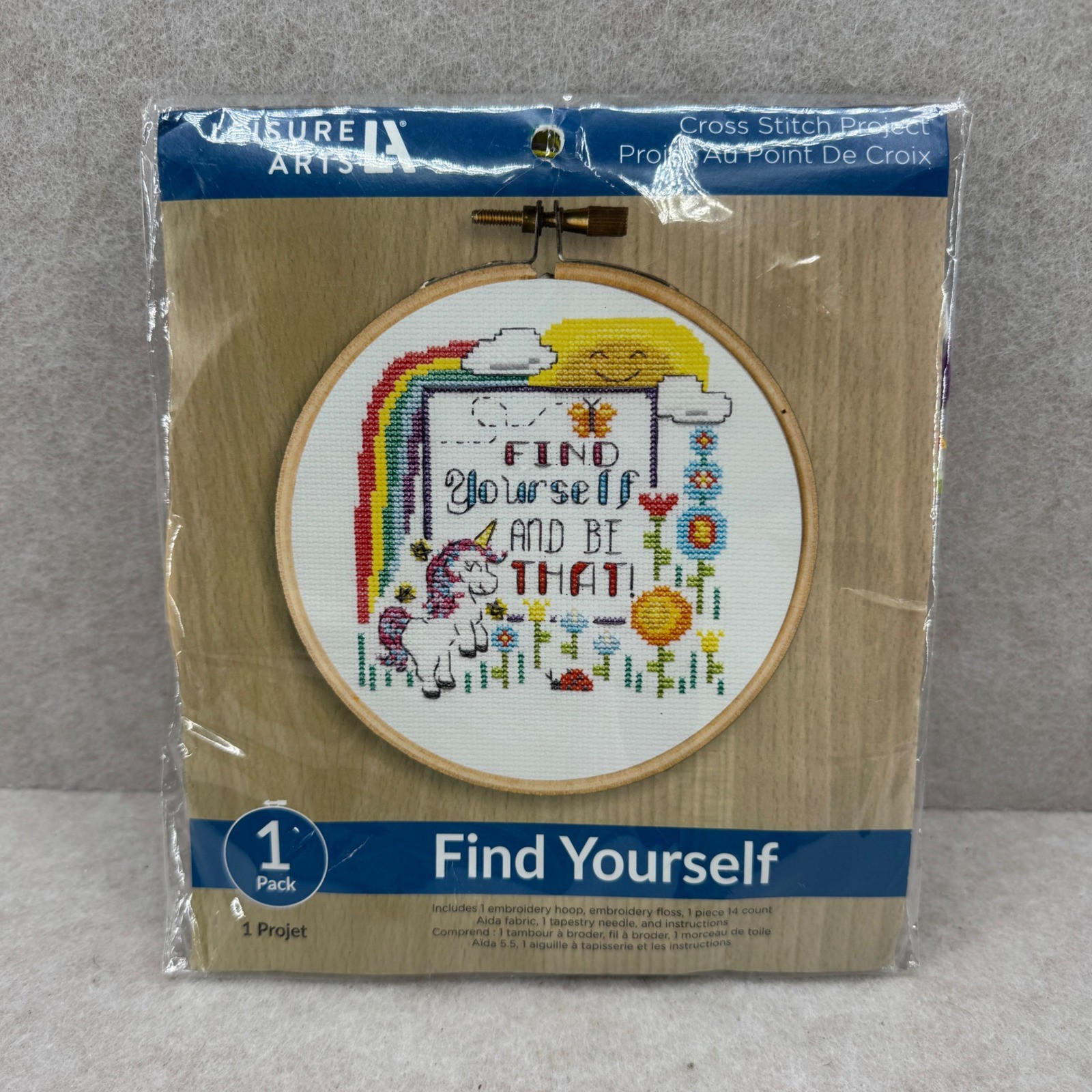 Leisure Arts Cross Stitch Kit Find Yourself Unicorn Rainbow New Craft Kit 56848