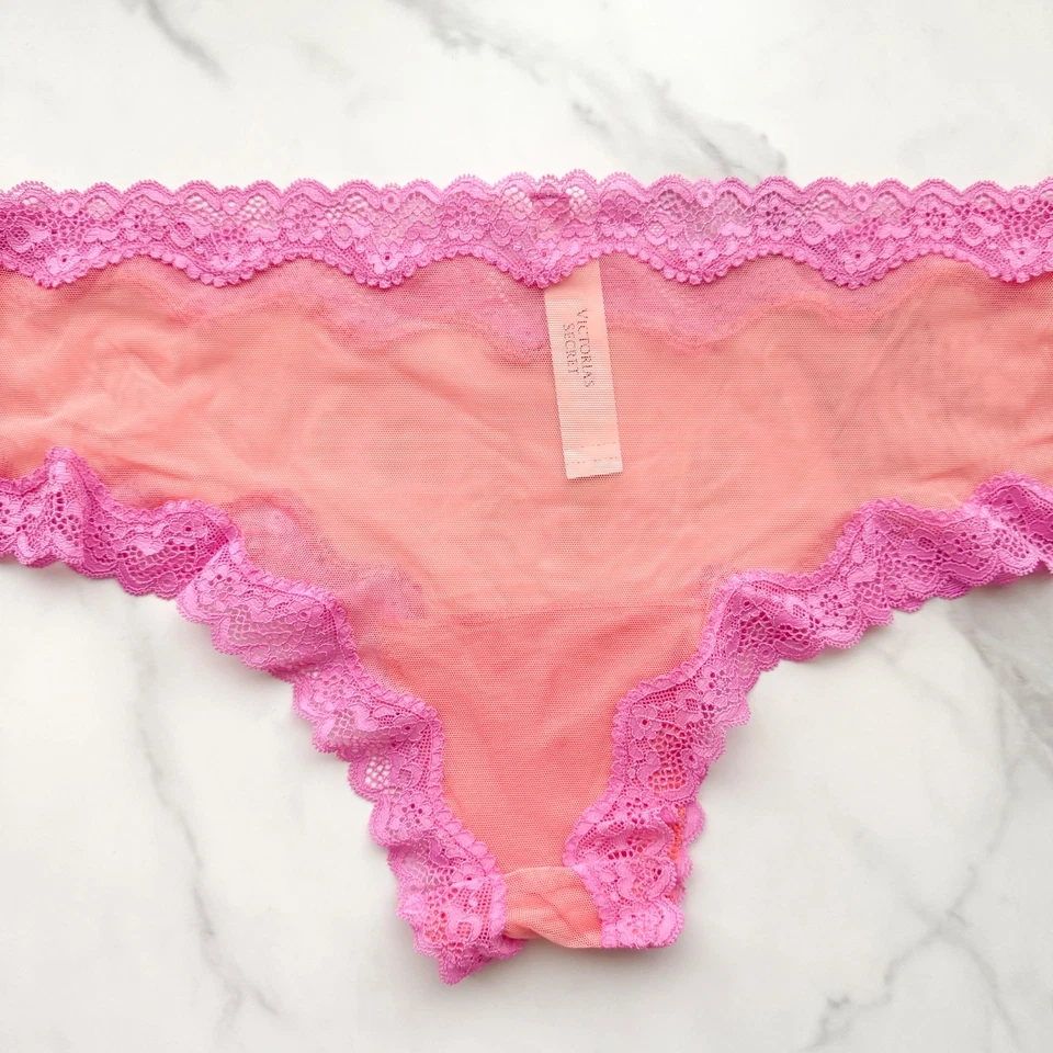 Victoria's Secret Tease Malla Ribete de Encaje Cheeky Panty Coral y Nueva Peonía Talla XL Foto 3 de 4