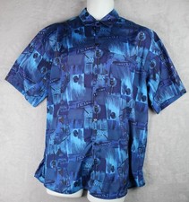 Vintage T.Corner Thai Silk Shirt Blue Abstract Pattern Short Sleeve Button Up Me