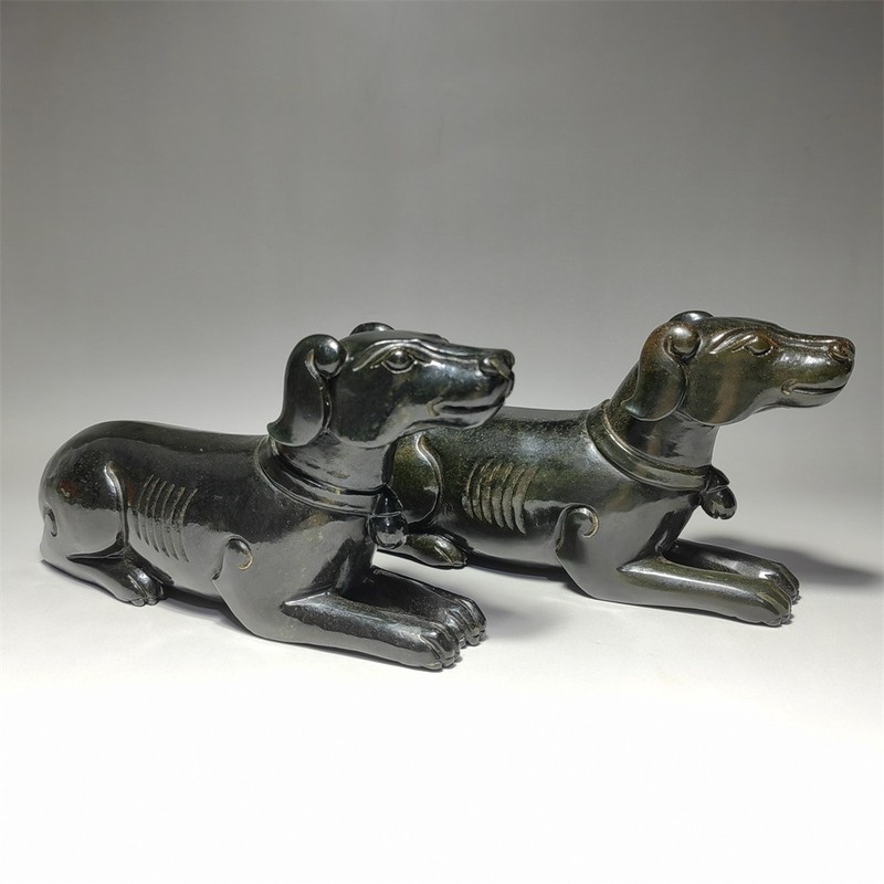 Pair Chinese Antique Attract Wealth Jade Dog