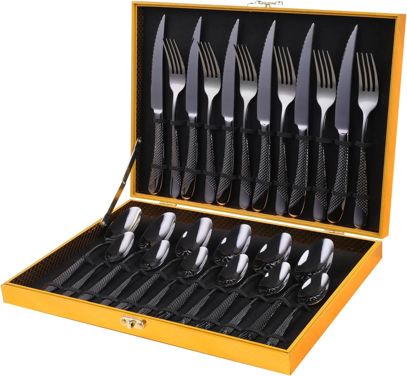 Hammered Black Silverware Set, 24-Piece 18/10 Stainless Steel Flatware Set, Ser
