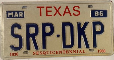 Vanity SRP DKP license plate TX Sesquicentennial Texas 1986