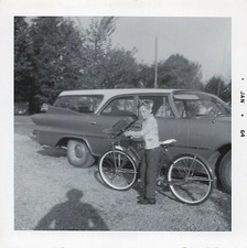 1964 Boy With Bicycle Two Cars Station Wagon Snapshot Photograph 3.5 x 3.5 in