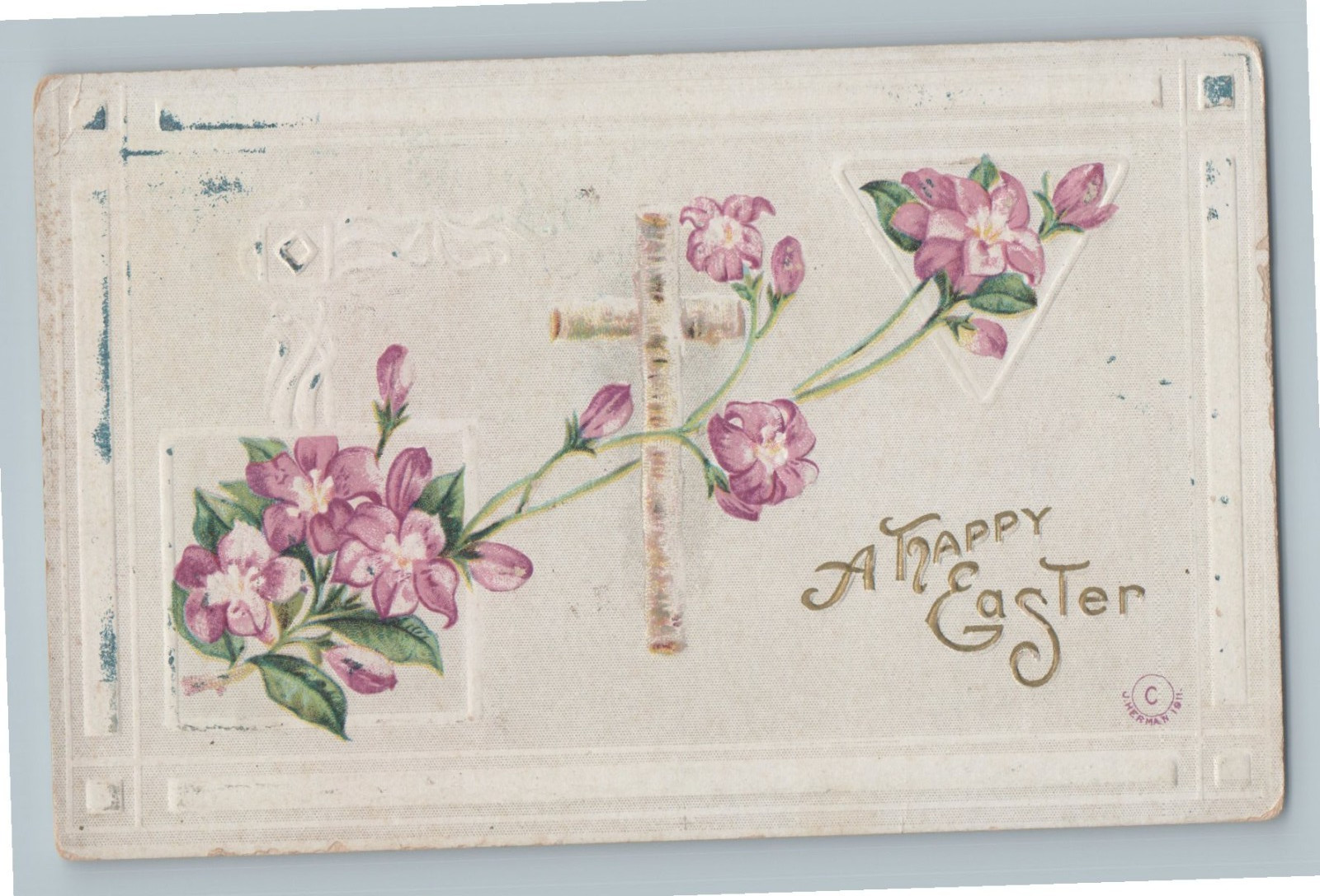 A Happy Easter Wooden White Cross Purple Flowers Vintage Holiday Postcard K6