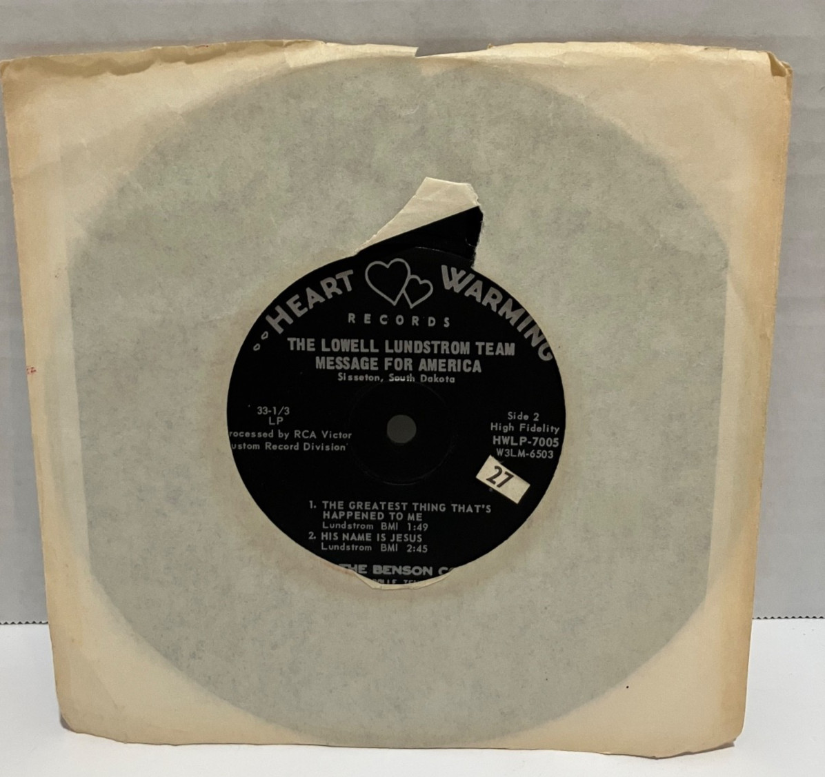 Lowell Lundstrom Team Message for America Gospel 45 RPM Heart Warming 1972