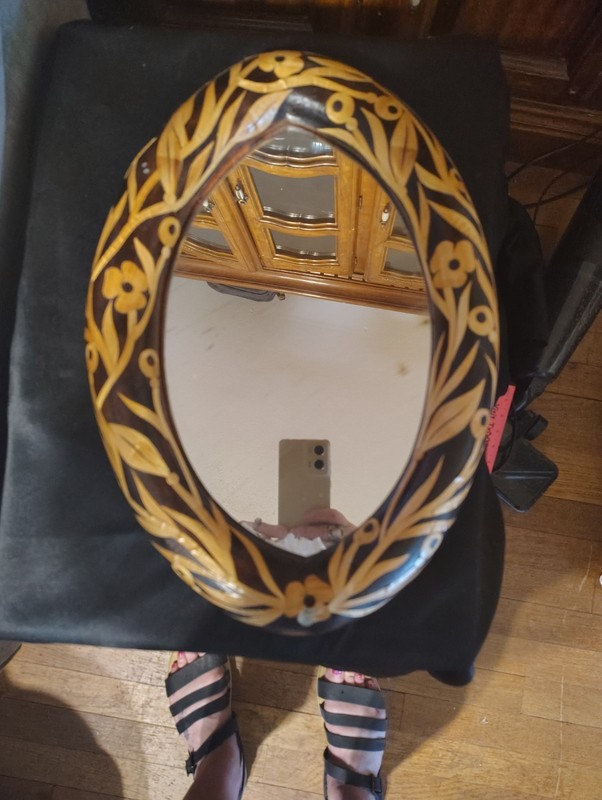 Vintage Sticks Handmade wooden Oval Mirror With Floral Inlay 15"