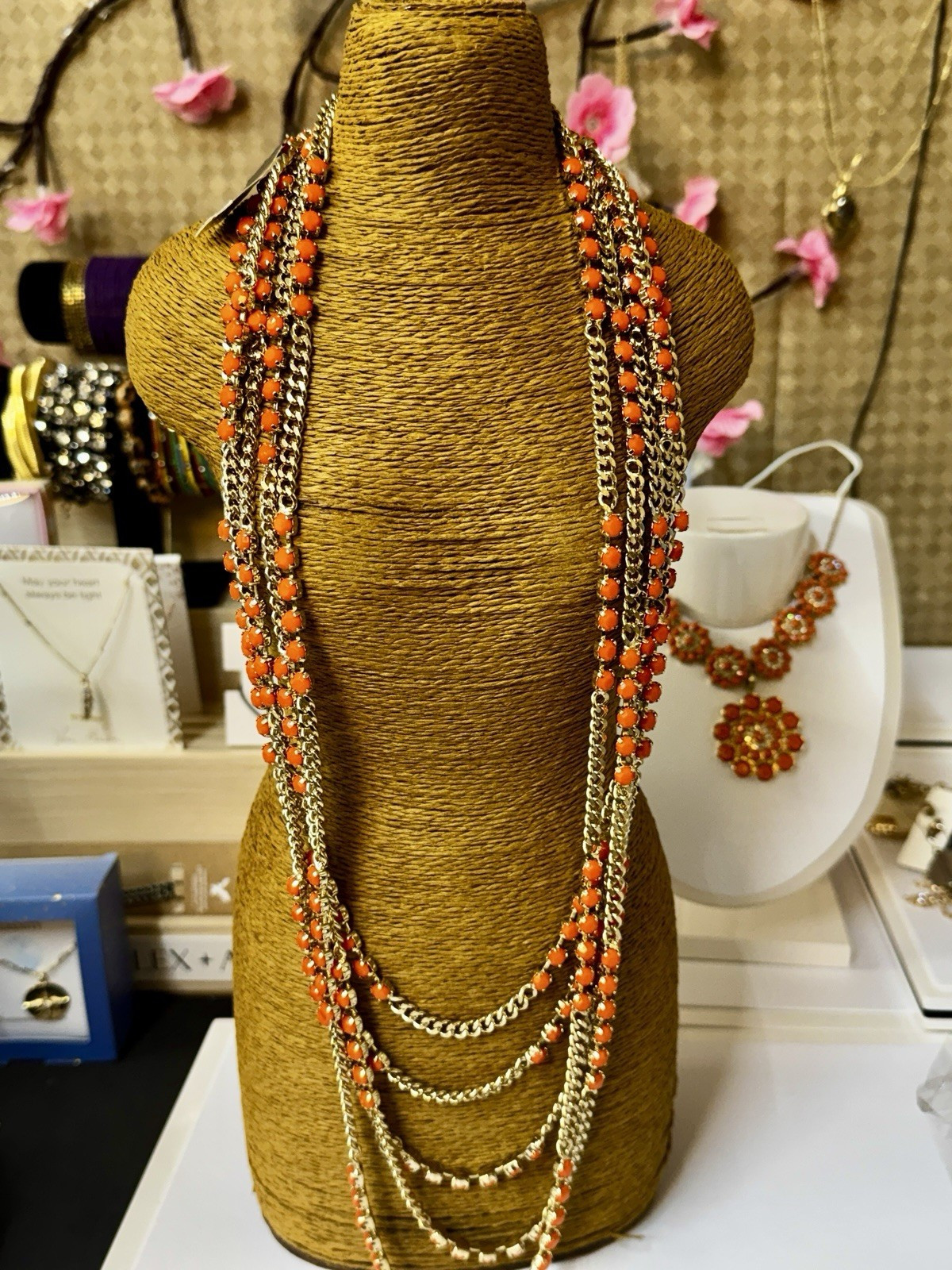 Gold Tone Layered Curb Link Chain Necklace Multi-Strand Orange Beads