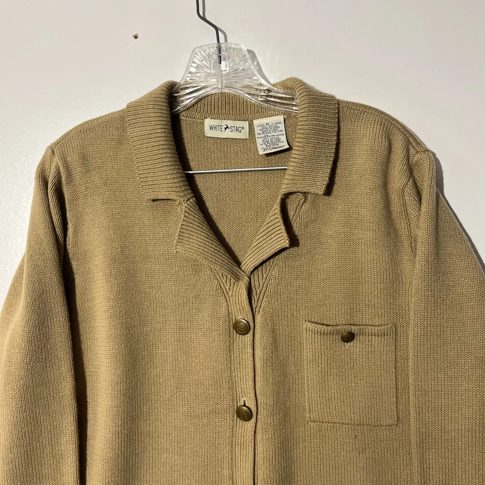 Camisa feminina manga longa vintage anos 90 malha acrílica veado branco bronzeado botão GG - Imagem 3 de 4