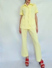 1970s Vintage Leisure Suit: Yellow Polyester Pantsuit, Womens Medium